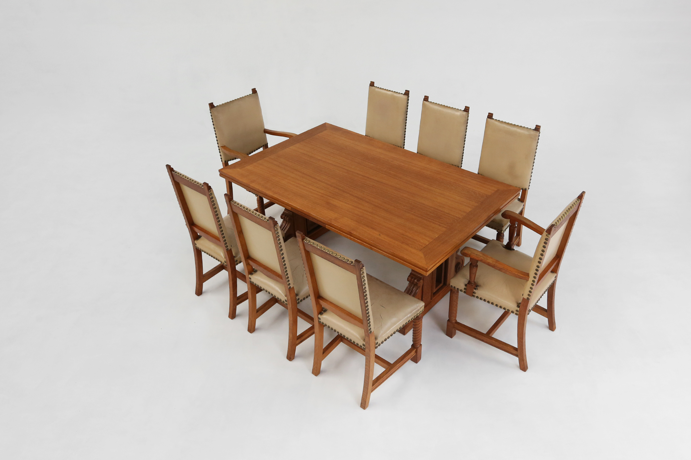 Art Deco dining room chairs in oak and leather 1940'sthumbnail